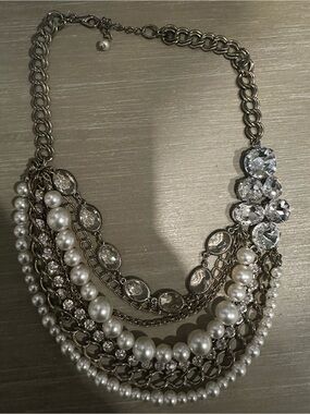 Multi-Strand Silver Pearl Statement Necklace - Cream Pearls